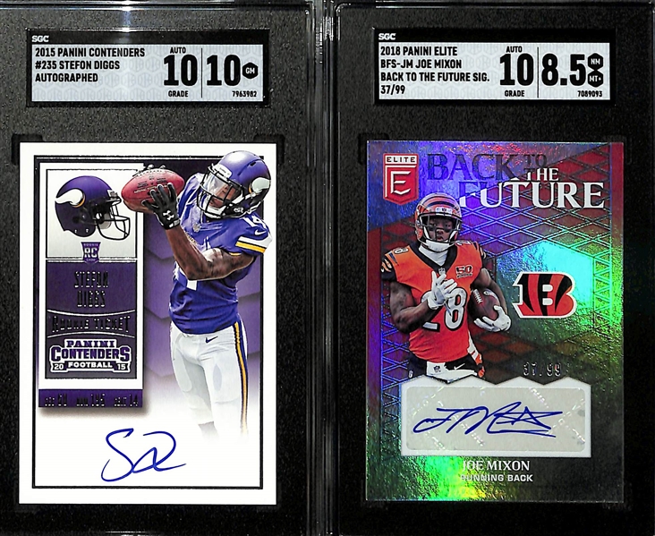 (5) Football Cards w. 2018 CJ Stroud Topps Now Rookie, 2015 Contenders Stefon Diggs Autographed Rookie (SGC 10/10), 2018 Elite Joe Mixon Autograph