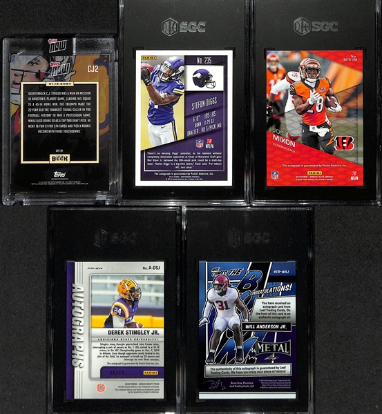 (5) Football Cards w. 2018 CJ Stroud Topps Now Rookie, 2015 Contenders Stefon Diggs Autographed Rookie (SGC 10/10), 2018 Elite Joe Mixon Autograph