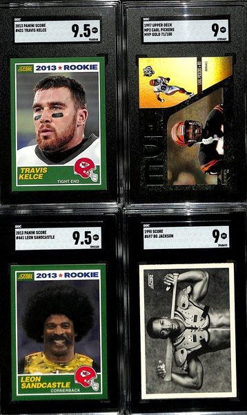  (4) Graded Football Cards w. 2013 Travis Kelce Rookie SGC 9.5, 1997 Carl Pickens (Gold #ed/100) SGC 9, 2013 Retro Deion Sanders (Leon Sandcastle) SGC 9.5, 1990 Bo Jackson SGC 9