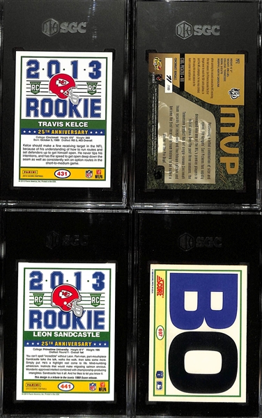  (4) Graded Football Cards w. 2013 Travis Kelce Rookie SGC 9.5, 1997 Carl Pickens (Gold #ed/100) SGC 9, 2013 Retro Deion Sanders (Leon Sandcastle) SGC 9.5, 1990 Bo Jackson SGC 9