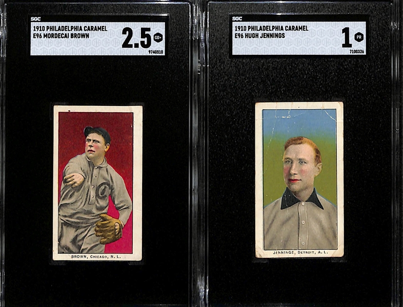 1910 E96 Philadelphia Caramel HOFer Lot - Mordecai Brown (SGC 2.5) & Hugh Jennings (SGC 1)