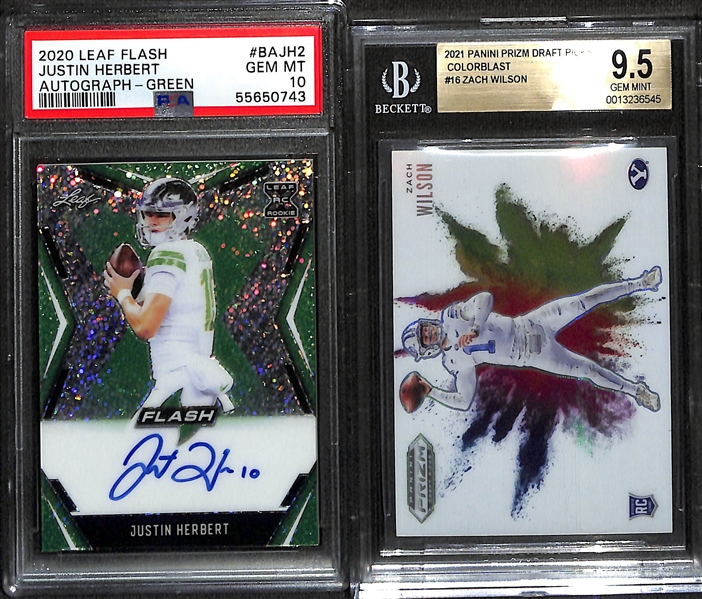 Lot of (2) Graded Rookie Football Cards inc. a 2020 Leaf Flash Justin Herbert Green Auto PSA 10 (RC) & a 2021 Prizm Draft Picks Zach Wilson Colorblast Beckett 9.5 (RC)