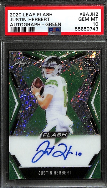 Lot of (2) Graded Rookie Football Cards inc. a 2020 Leaf Flash Justin Herbert Green Auto PSA 10 (RC) & a 2021 Prizm Draft Picks Zach Wilson Colorblast Beckett 9.5 (RC)