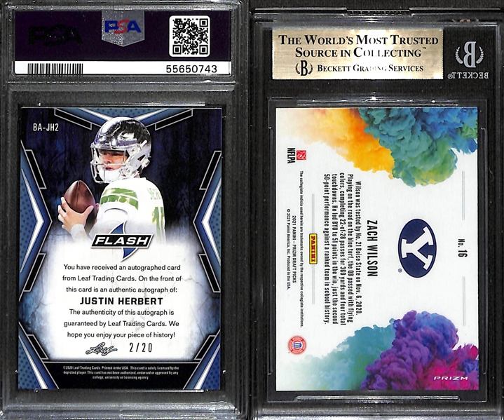 Lot of (2) Graded Rookie Football Cards inc. a 2020 Leaf Flash Justin Herbert Green Auto PSA 10 (RC) & a 2021 Prizm Draft Picks Zach Wilson Colorblast Beckett 9.5 (RC)