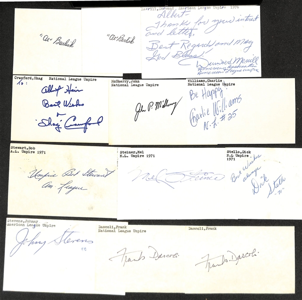 Lot of (10+) Signed Team Issued Photos & Index Cards of Umpires w. (2) Al Barlick, Bill Valentine, Shag Crawford, + (JSA Auction Letter)