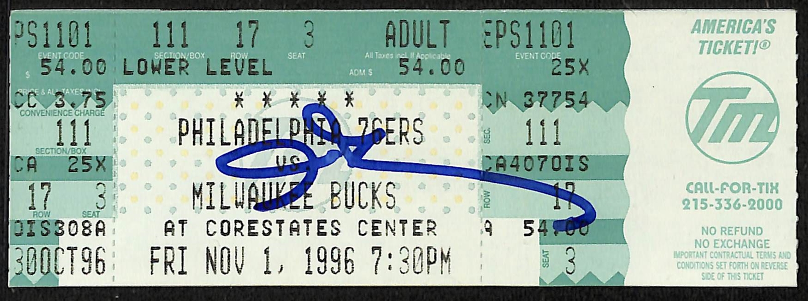 RARE Signed Allen Iverson Debut NBA Game Ticket (+JSA Auction Letter)