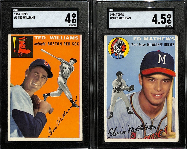 (2) SGC 1954 Topps Baseball Cards w. Ted Williams (SGC 4) & Eddie Mathews (SGC 4.5)