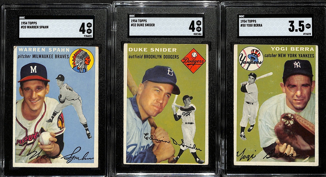 (3) 1954 Topps Graded Cards w. Warren Spahn #20 (SGC 4), Duke Snider #32( SGC 4), Yogi Berra #50 (SGC 3.5)