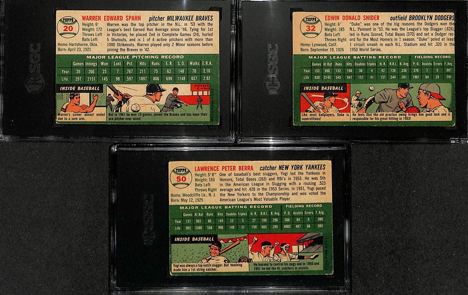 (3) 1954 Topps Graded Cards w. Warren Spahn #20 (SGC 4), Duke Snider #32( SGC 4), Yogi Berra #50 (SGC 3.5)