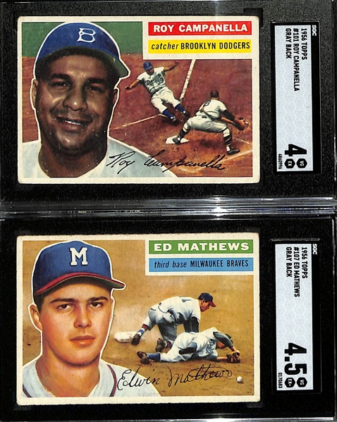 (2) Graded 1956 Topps Gray Back Cards w. Roy Campanella (SGC 4) & Ed Mathews (SGC 4.5)