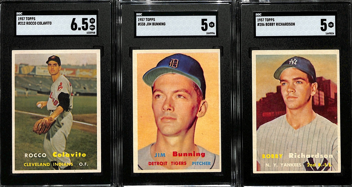 (3) SGC Graded 1957 Topps Rookie Baseball Cards w. Rocky Colavito (SGC 6.5), Jim Bunning (SGC 5), Bobby Richardson (SGC 5) 