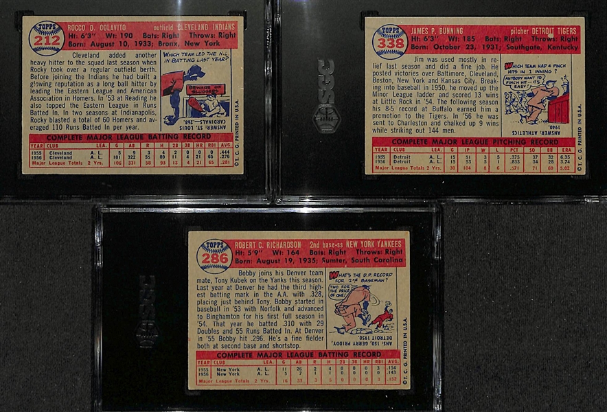 (3) SGC Graded 1957 Topps Rookie Baseball Cards w. Rocky Colavito (SGC 6.5), Jim Bunning (SGC 5), Bobby Richardson (SGC 5) 