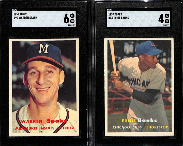 Lot of (2) Graded 1957 Topps Cards w. Warren Spahn (SGC 6) & Ernie Banks (SGC 4)