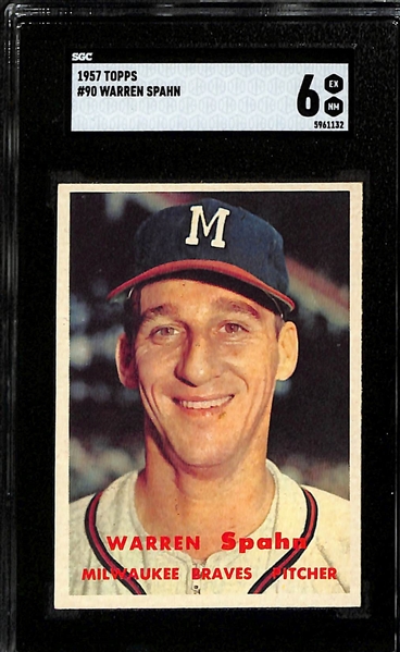 Lot of (2) Graded 1957 Topps Cards w. Warren Spahn (SGC 6) & Ernie Banks (SGC 4)