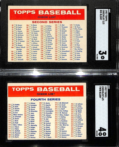 Lot of (2) SGC graded cards including 1957 Topps Checklist 2/3 SGC 3 and a 1957 Topps Checklist 4/5 SGC 4.