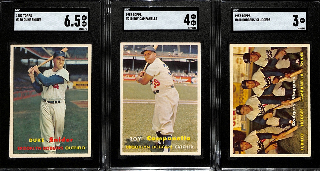 (3) SGC Graded 1957 Topps Cards w. Duke Snider (SGC 6.5), Roy Campanella (SGC 4), Dodgers Sluggers (SGC 3)