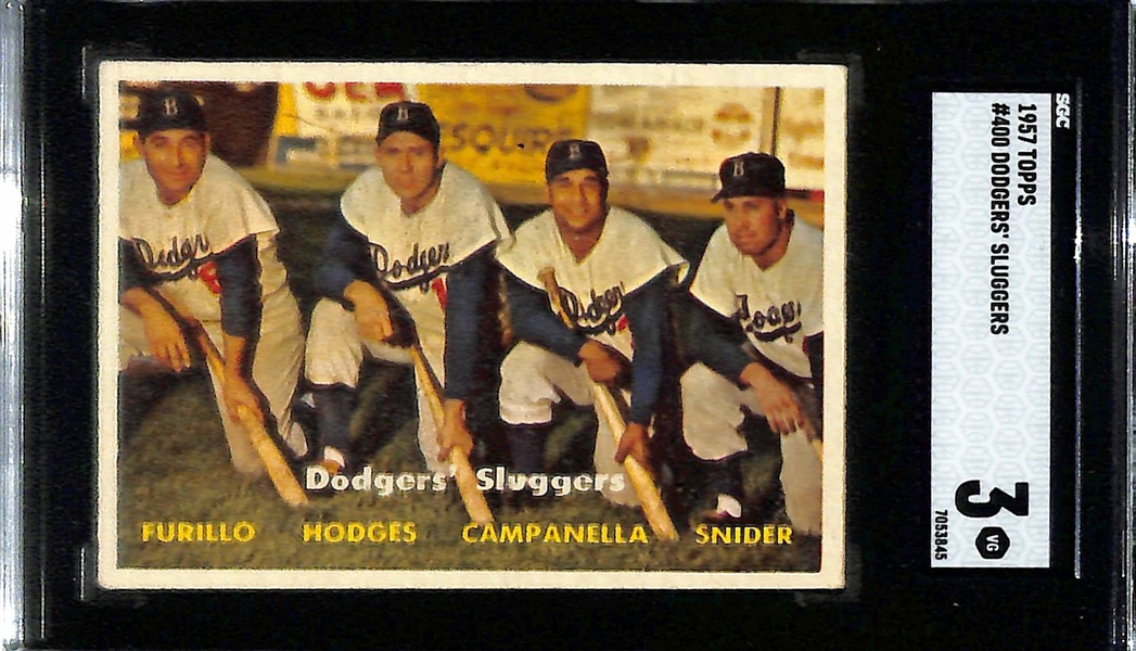 (3) SGC Graded 1957 Topps Cards w. Duke Snider (SGC 6.5), Roy Campanella (SGC 4), Dodgers Sluggers (SGC 3)