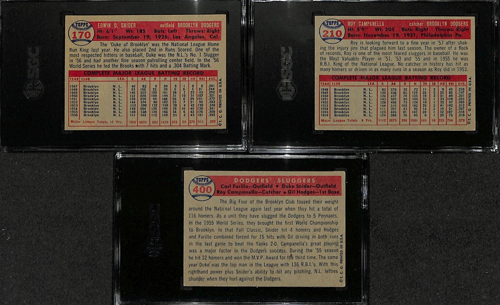 (3) SGC Graded 1957 Topps Cards w. Duke Snider (SGC 6.5), Roy Campanella (SGC 4), Dodgers Sluggers (SGC 3)