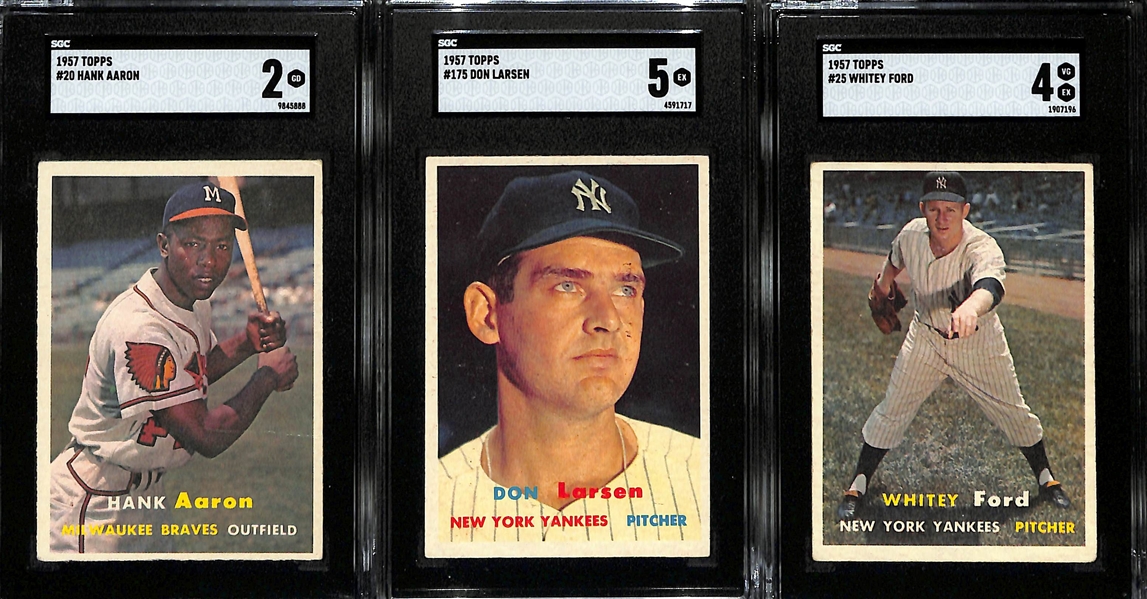 (3) Graded 1957 Topps Baseball Cards w. Hank Aaron (SGC 2), Don Larsen (SGC 5), Whitey Ford (SGC 4)