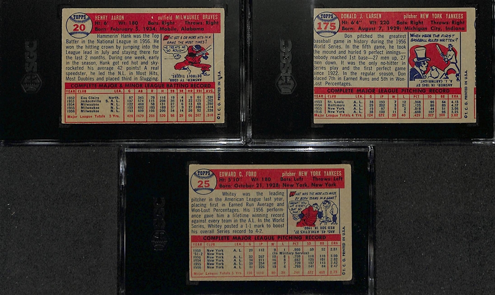 (3) Graded 1957 Topps Baseball Cards w. Hank Aaron (SGC 2), Don Larsen (SGC 5), Whitey Ford (SGC 4)