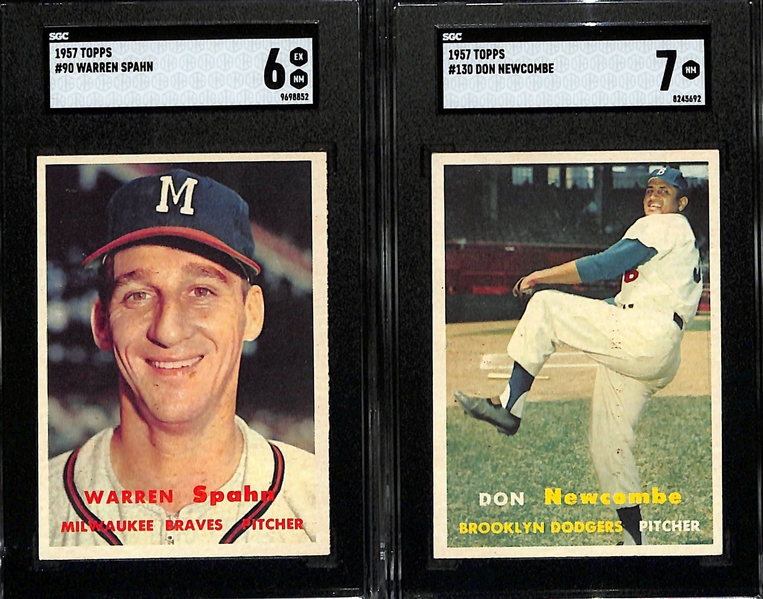 Lot of (2) SGC Graded 1957 Topps Baseball Cards w. Warren Spahn (SGC 6) and Don Newcombe (SGC 7)