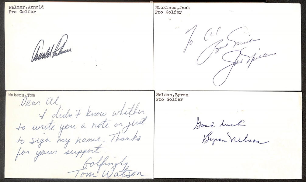 Lot of (80+) Signed Golf Index Cards inc. Arnold Palmer, Jack Nicklaus, Tom Watson, Byron Nelson, Cal Peete, + (Beckett BAS Reviewed)