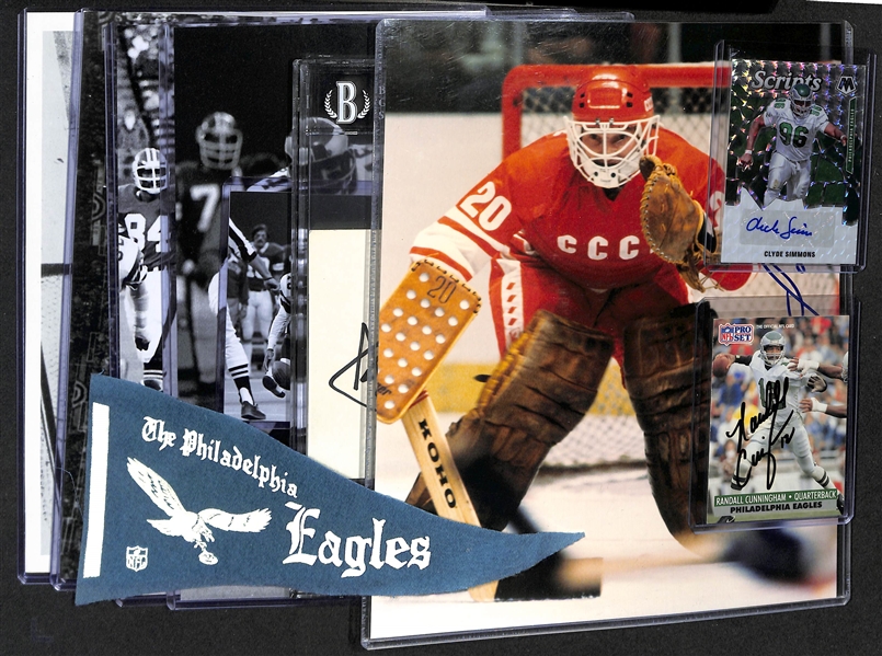 (9) Signed Sports Photos/Cards inc. Randall Cunningham, Clyde Simmons, Vladislav Tretiak, Jack Brickhouse, (3) Herman Edwards, (2) Dave Shultz (JSA Auction Letter)