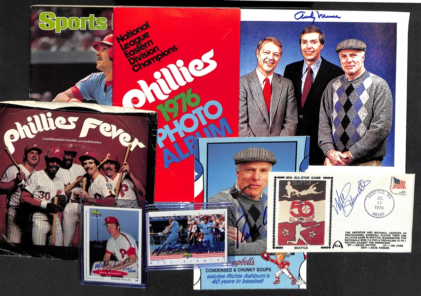 Lot of (5) Signed Phillies Items w. (3) Mike Schmidt & Richie Ashburn + Phillies Related Memorabilia (JSA Auction Letter)