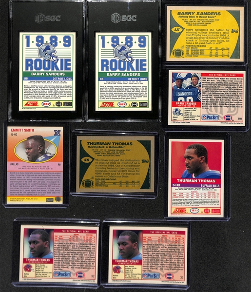 9-Card Football Rookie Card Lot w. (2) 1989 Score Barry Sanders (SGC 9 and SGC 8)