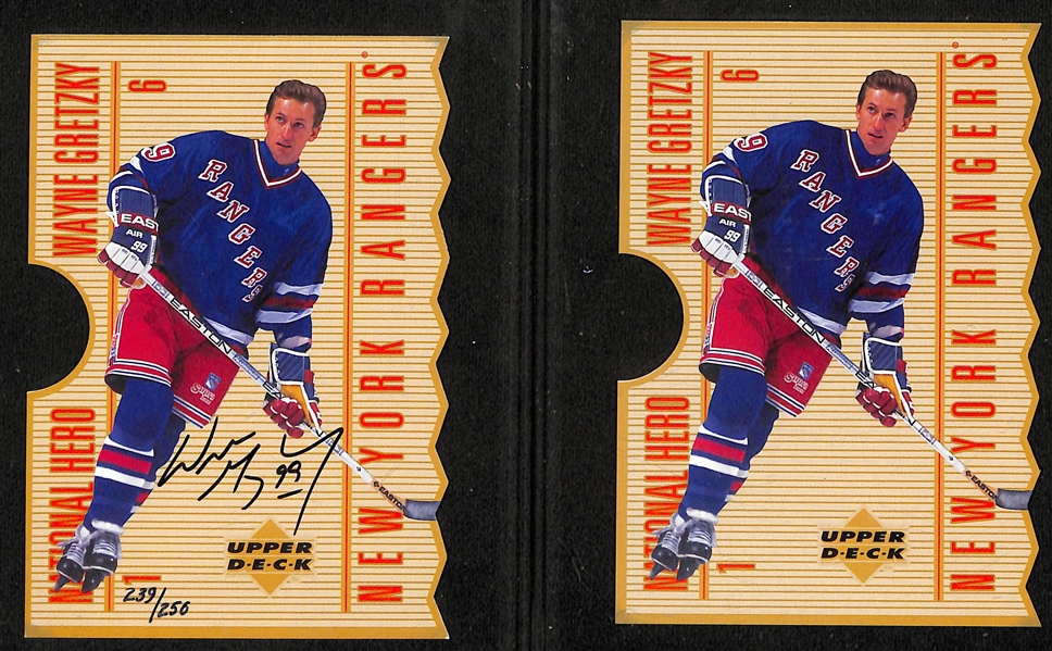 Lot of Wayne Gretzky Memorabilia inc. Signed 1996 - 3.5x5 Oversized Commemorative Card w. Upper Deck Authentication 