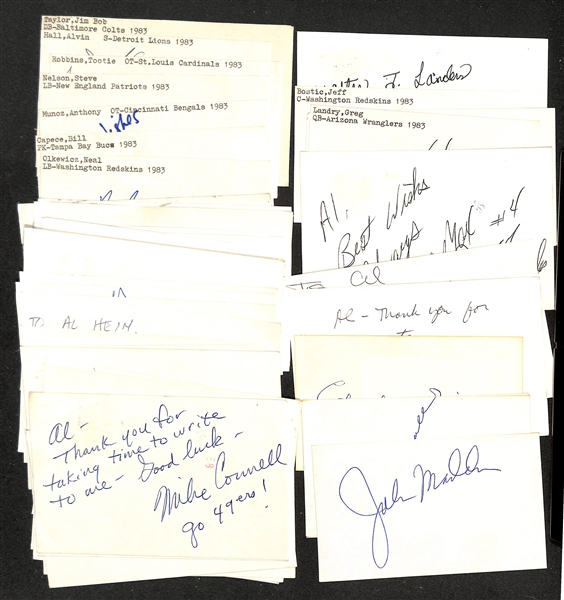 Lot of (50+) Signed Mostly Football Index Cards inc. John Madden, Pat Summerall, Ernie Stautner, + (JSA Auction Letter)