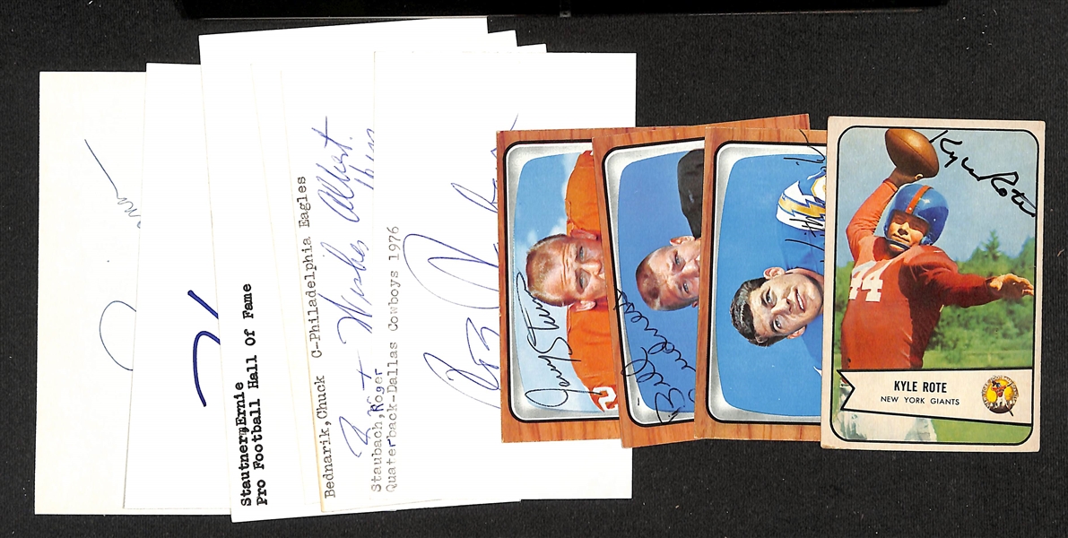 (10) Football Autographs - w. (6) Index Cards (Staubach, Bednarik, Theismann, Hines Ward, Stautner, Otto Graham) & (4) Signed Topps Cards inc. Kyle Rote, Bill Budness, Keith Lincoln, Jerry Sturm ...