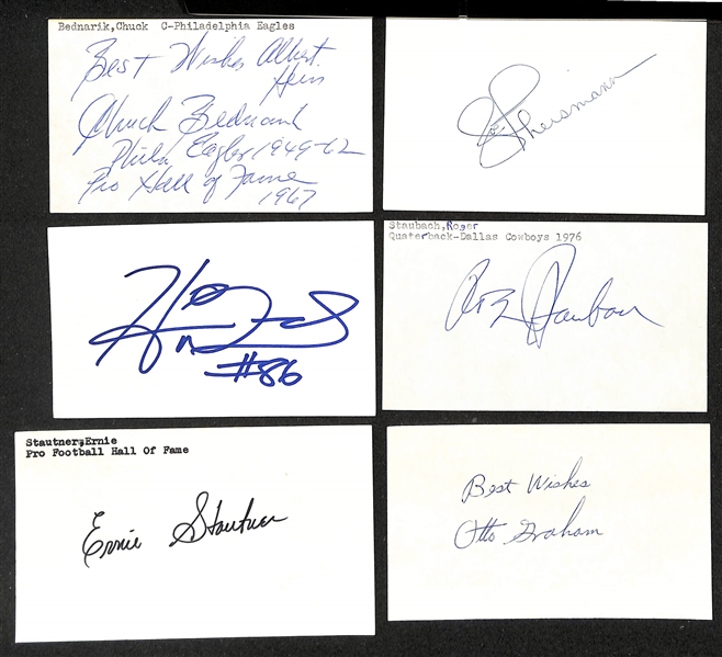 (10) Football Autographs - w. (6) Index Cards (Staubach, Bednarik, Theismann, Hines Ward, Stautner, Otto Graham) & (4) Signed Topps Cards inc. Kyle Rote, Bill Budness, Keith Lincoln, Jerry Sturm ...