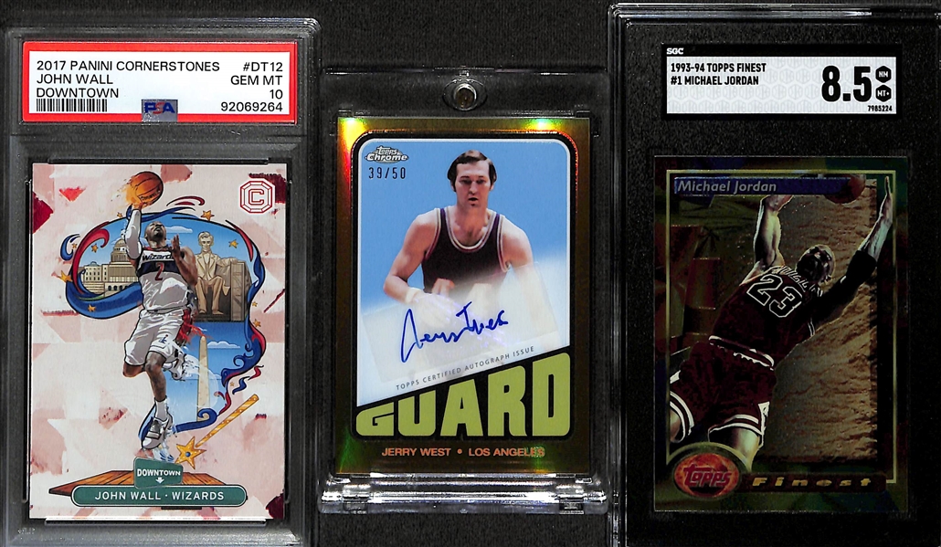 Lot of (3) Basketball Cards w. 2017 Panini Cornerstones John Wall Downtown PSA 10, '23-24 Topps Chrome Basketball Jerry West Gold 1972 Topps Auto #/50  & 1993-94 Topps Finest Michael Jordan SGC 8.5