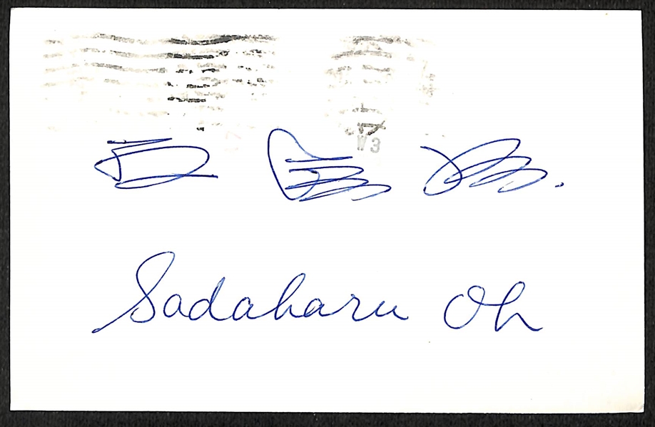 Sadahara Oh Signed Post Card - World Career Home Run Leader w. 868 Home Runs (Over 100 More than Barry Bonds)!  (JSA Auction Letter)