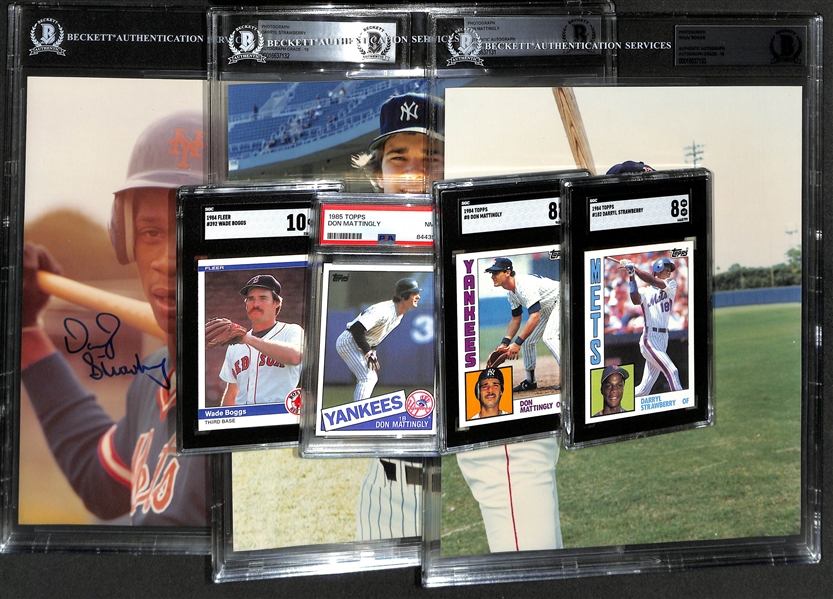 Lot w. (3) 8x10 Signed Photos - Mattingly, Boggs, Strawberry (Beckett LOAs) and (4) PSA/SGC Graded Baseball Cards