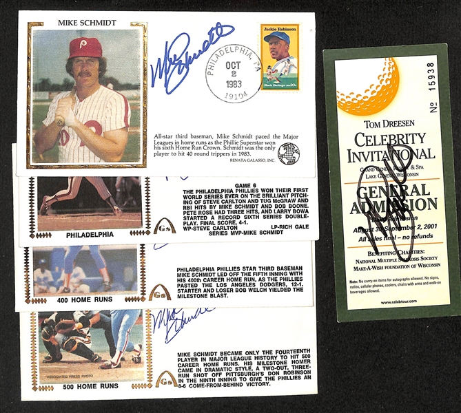 Lot of (5) Signed Mike Schmidt Memorabilia Items including (4) First Day Cover Caches (+JSA Auction Letter)