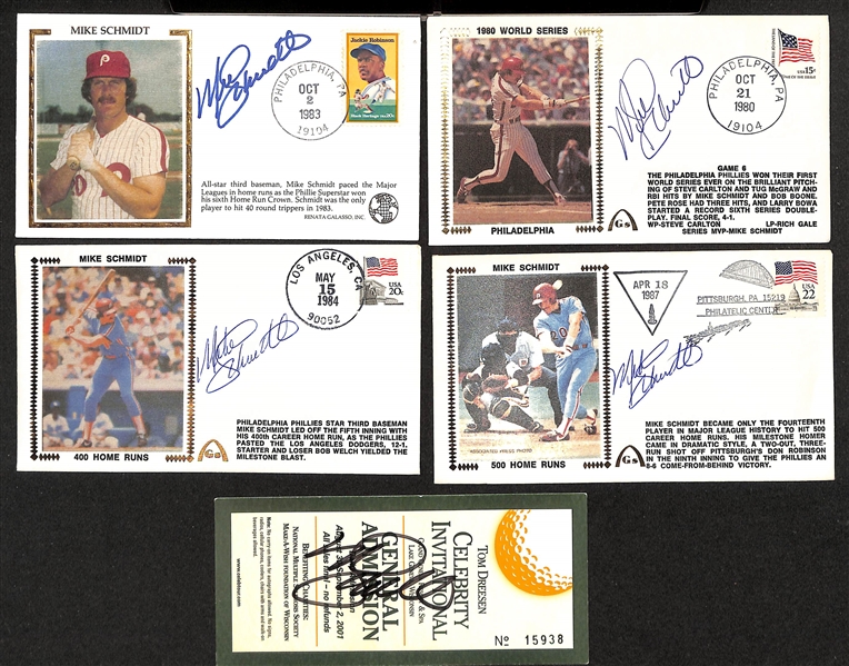 Lot of (5) Signed Mike Schmidt Memorabilia Items including (4) First Day Cover Caches (+JSA Auction Letter)