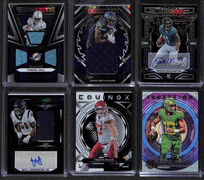 40+ Football Cards inc. 2023 Panini Obsidian Tyreek Hill Trifecta Patch #/199, Jaxon Smith-Njigba Patch Unbreakable (RC ) #/500, Parker Washington Auto (RC), & Will Anderson RPA #/199 