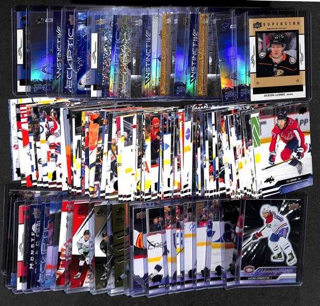 130+ Hockey Cards w. 2023-24 Upper Deck Series 2 Lucas Condotta Young Guns, 2023-24 Upper Deck Series Justin Sourdif Acetate Young Guns, 2023-24 Upper Deck Series 2 Tye Kartye Young Guns