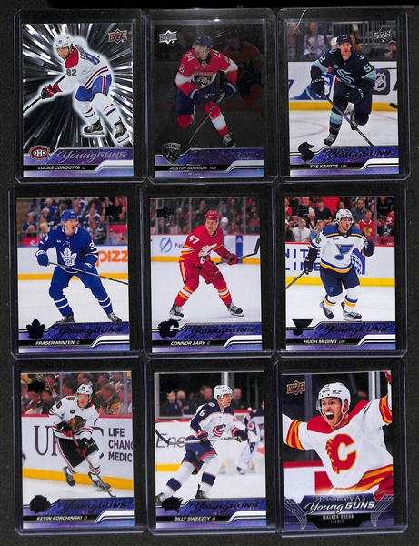 130+ Hockey Cards w. 2023-24 Upper Deck Series 2 Lucas Condotta Young Guns, 2023-24 Upper Deck Series Justin Sourdif Acetate Young Guns, 2023-24 Upper Deck Series 2 Tye Kartye Young Guns