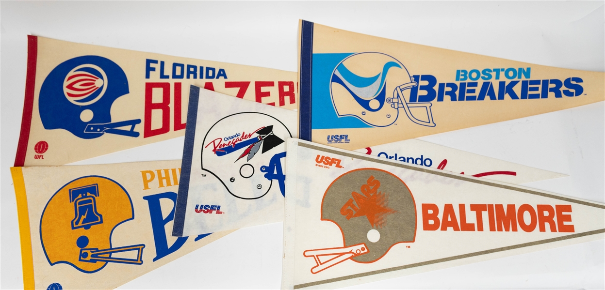 (16) USFL Team Pennants & (2) WFL Team Pennants