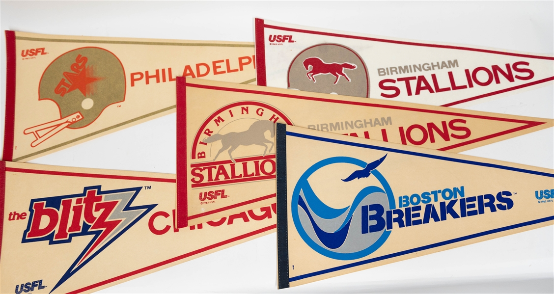 (16) USFL Team Pennants & (2) WFL Team Pennants