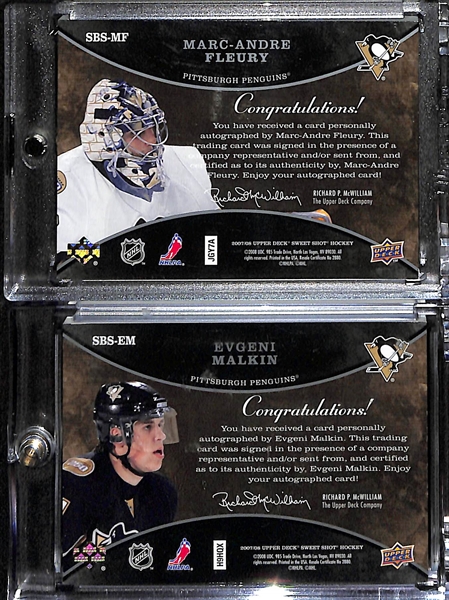 Lot of (2) 2008 Upper Deck Sweet Shot Autographed Hockey Cards inc. Marc-Andre Fleury & Evgeni Malkin