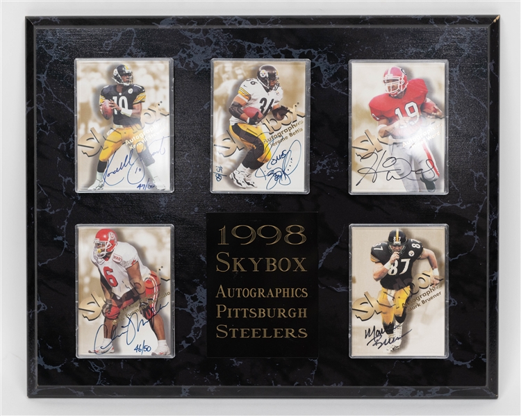 Lot of (5) 1998 Skybox Autographics Cards Displayed on a Plaque inc. Kordell Stewart #/50 & Jerome Bettis #/50