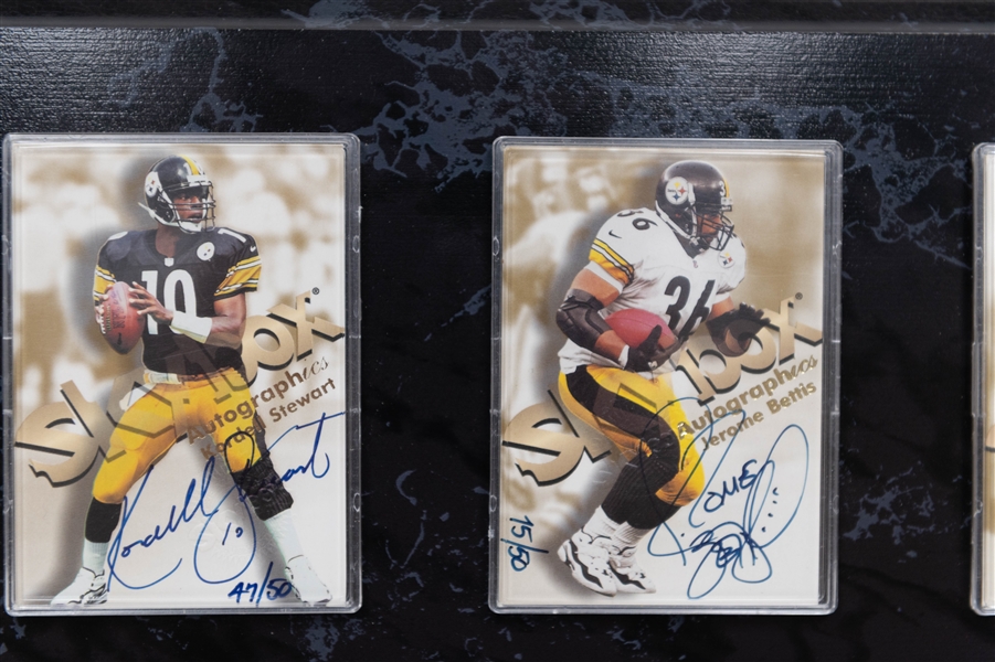 Lot of (5) 1998 Skybox Autographics Cards Displayed on a Plaque inc. Kordell Stewart #/50 & Jerome Bettis #/50