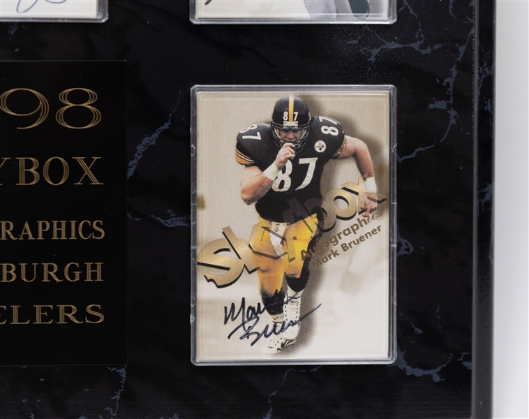 Lot of (5) 1998 Skybox Autographics Cards Displayed on a Plaque inc. Kordell Stewart #/50 & Jerome Bettis #/50