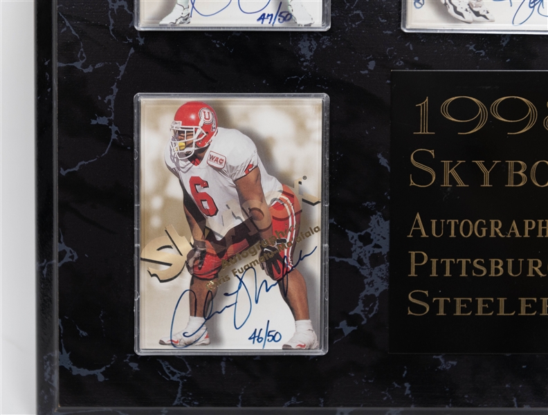 Lot of (5) 1998 Skybox Autographics Cards Displayed on a Plaque inc. Kordell Stewart #/50 & Jerome Bettis #/50