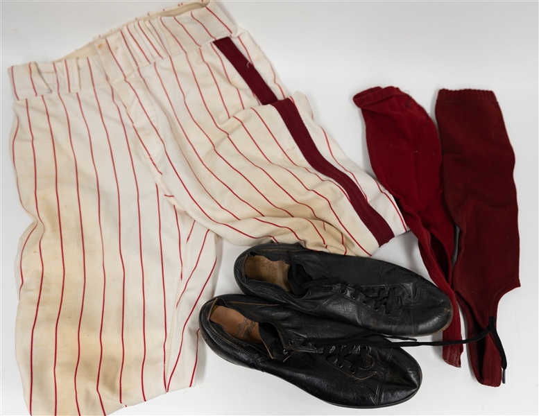 Original Phillies Game-Used Pants, Cleats, and Stir-Ups Attributed to Former Phillies Pitcher Bill Wilson (the pants are also attributed to catcher Jim Essian) c. 1973-1974