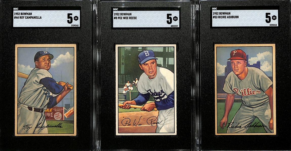 Lot of (3) 1952 Bowman Baseball Cards w. Campanella, Reese, Ashburn - All Graded SGC 5 